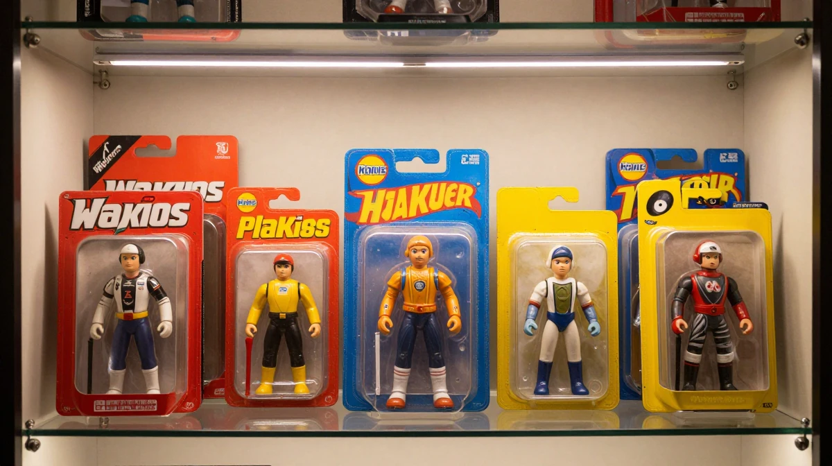 Toy store aisle with colorful action figure packaging on shelves, bright fluorescent lighting, various collectible figures visible through clear plastic windows in branded boxes