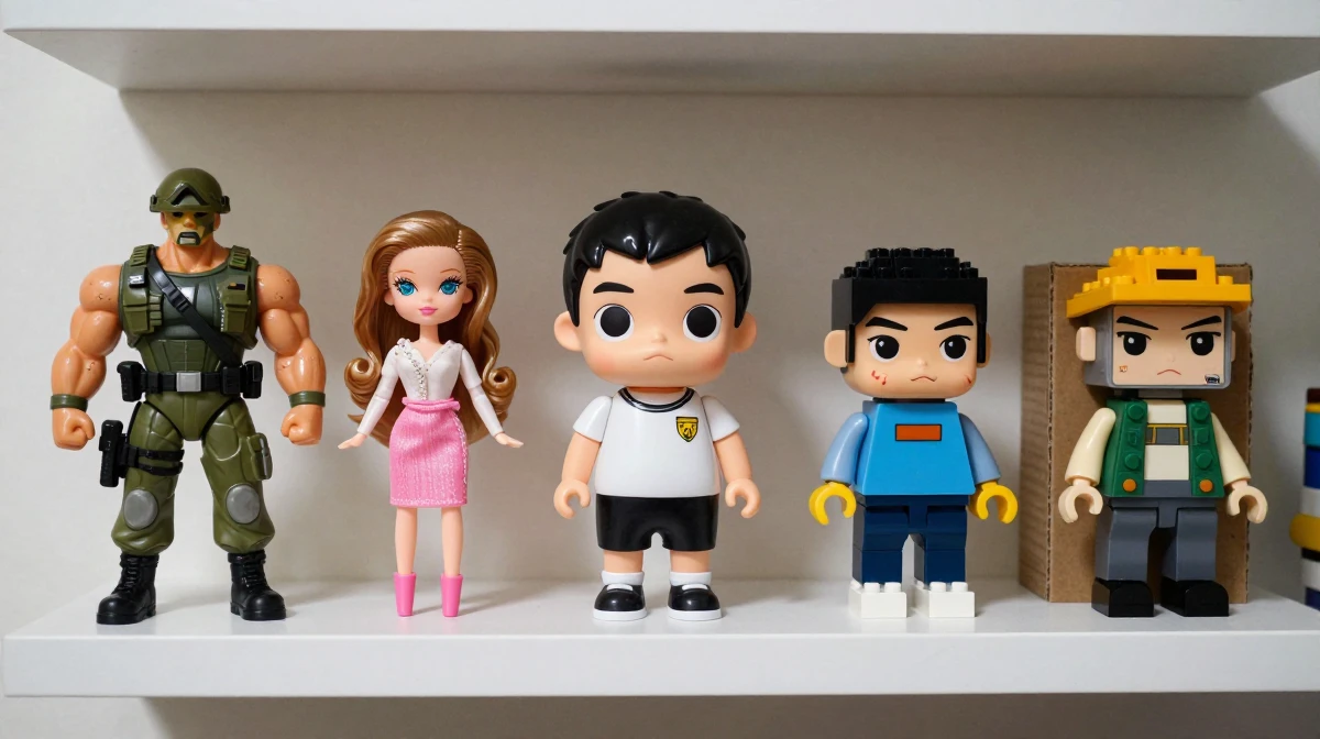 Retail toy shelf display showing various collectible figure styles in branded packaging, including classic action figure, fashion doll, and vinyl pop formats, bright store lighting