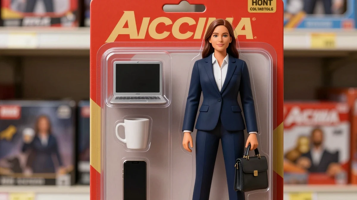 AI-generated action figure in retail blister packaging with business professional accessories using Action Figure Playset LoRA