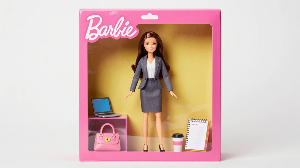 AI-generated Barbie-style doll box with career fashion accessories using Doll Box LoRA
