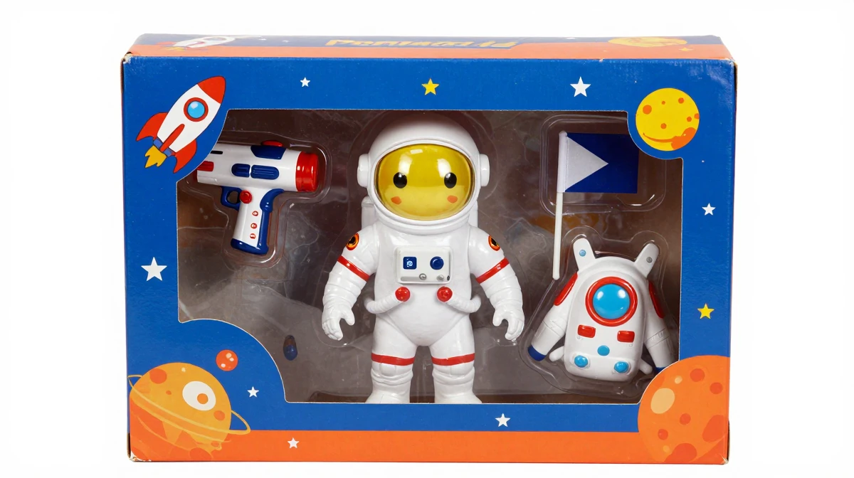 AI-generated retro toy box with space astronaut figure and themed accessories using Toy Box LoRA