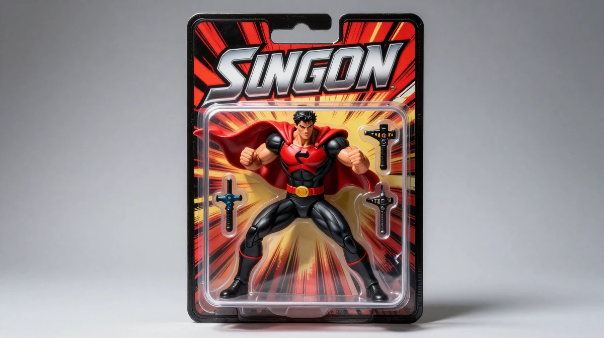 AI-generated superhero action figure on blister card with dynamic pose using Action Figurator LoRA