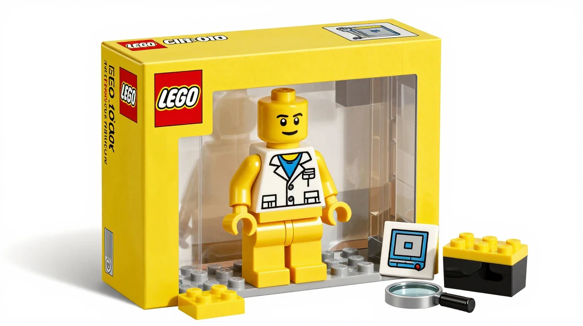 AI-generated LEGO Minifigure style character in Creator series packaging with miniature accessories