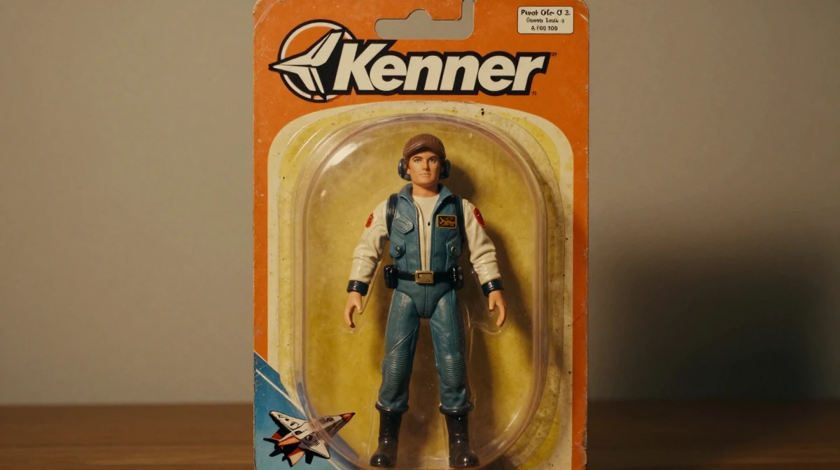 AI-generated vintage Kenner-style action figure on cardboard blister card with retro packaging design