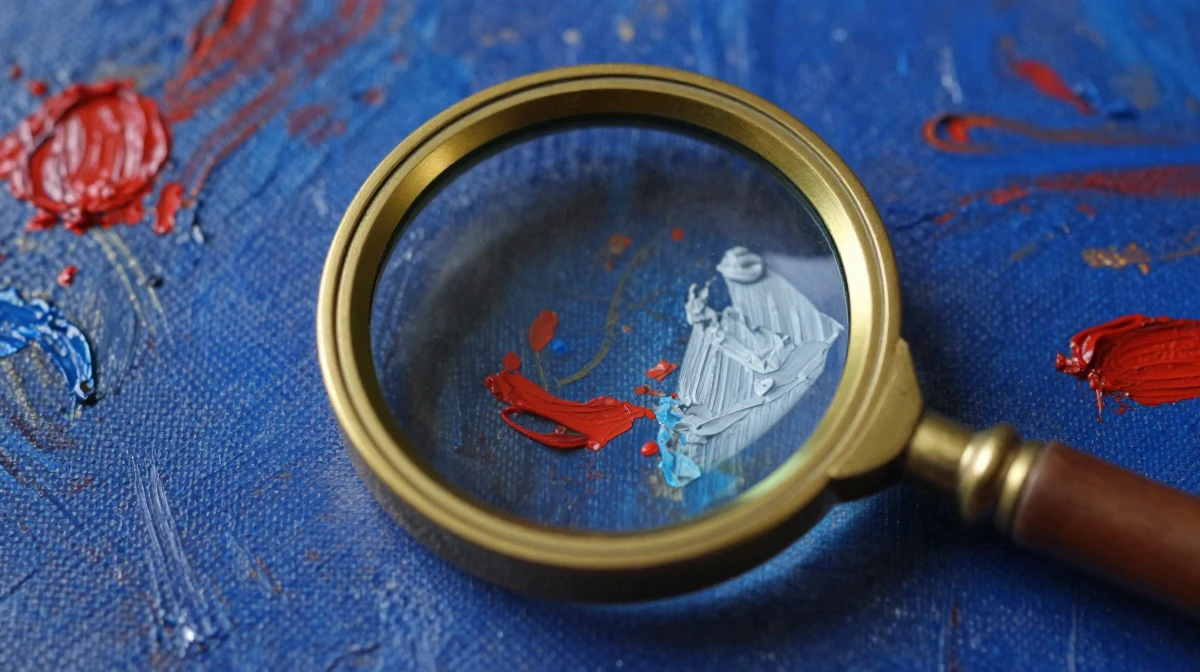 Extreme close-up of an ornate brass magnifying glass hovering over