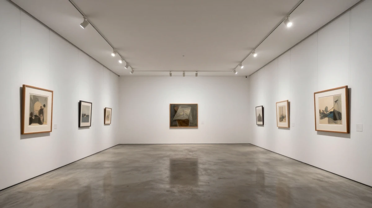 An elegant contemporary art gallery interior with pristine white walls