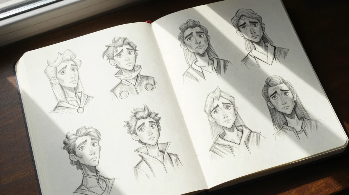 Professional artists sketchbook lying open showing pages filled with character