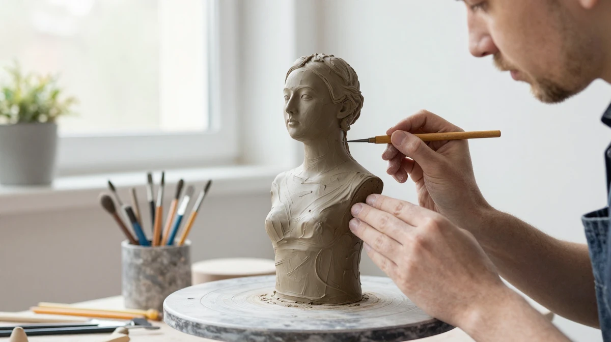 Professional sculptor working with clay figure in progress on a