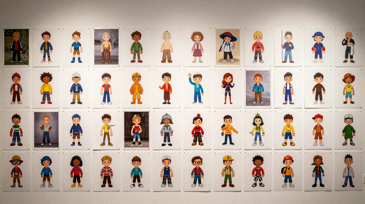 Gallery wall covered with character concept art sheets showing various