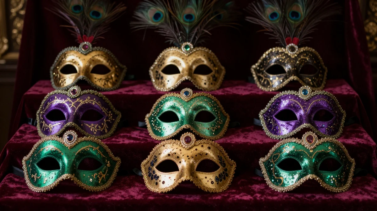 Collection of ornate Venetian theatrical masks arranged on deep burgundy