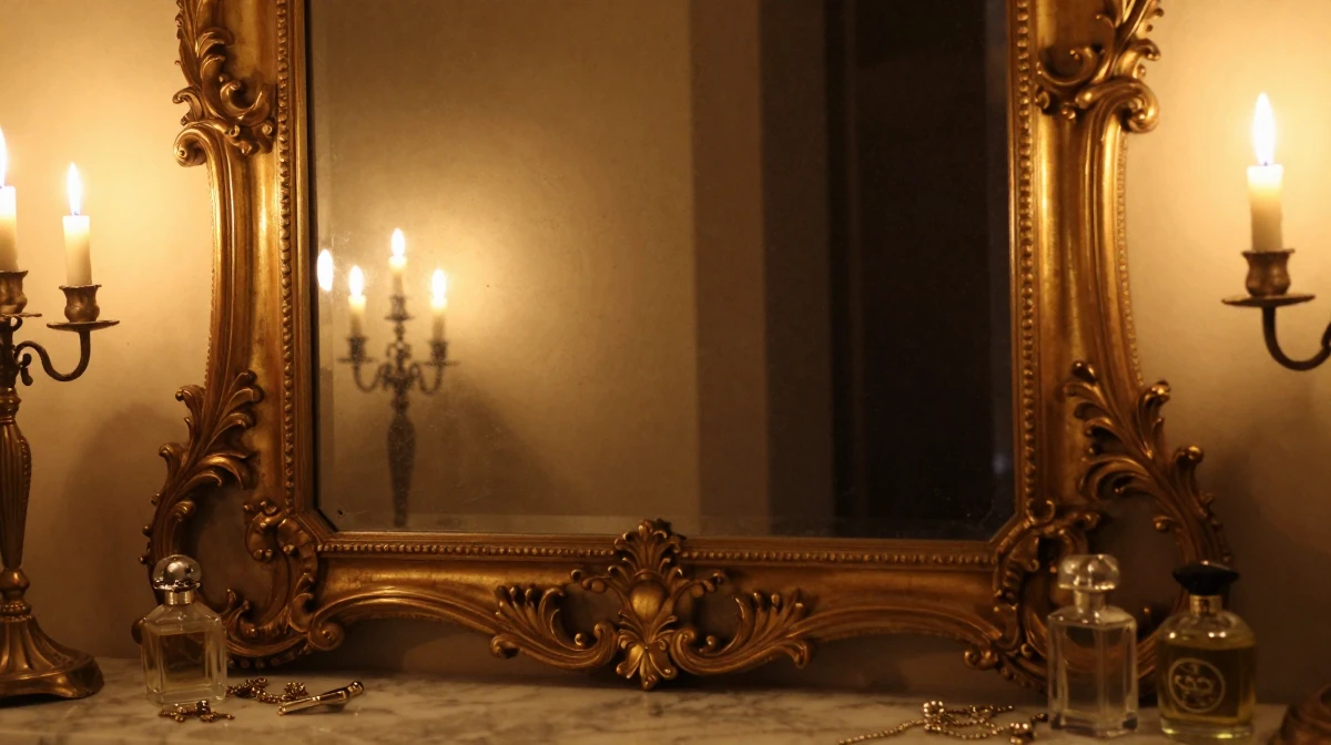 An elaborate baroque-style mirror with ornate gold frame