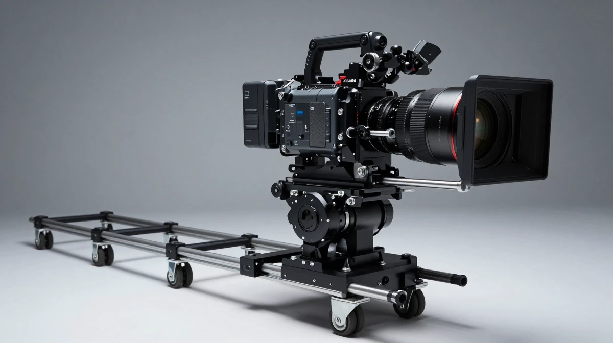 Professional cinema film camera mounted on a precision dolly track