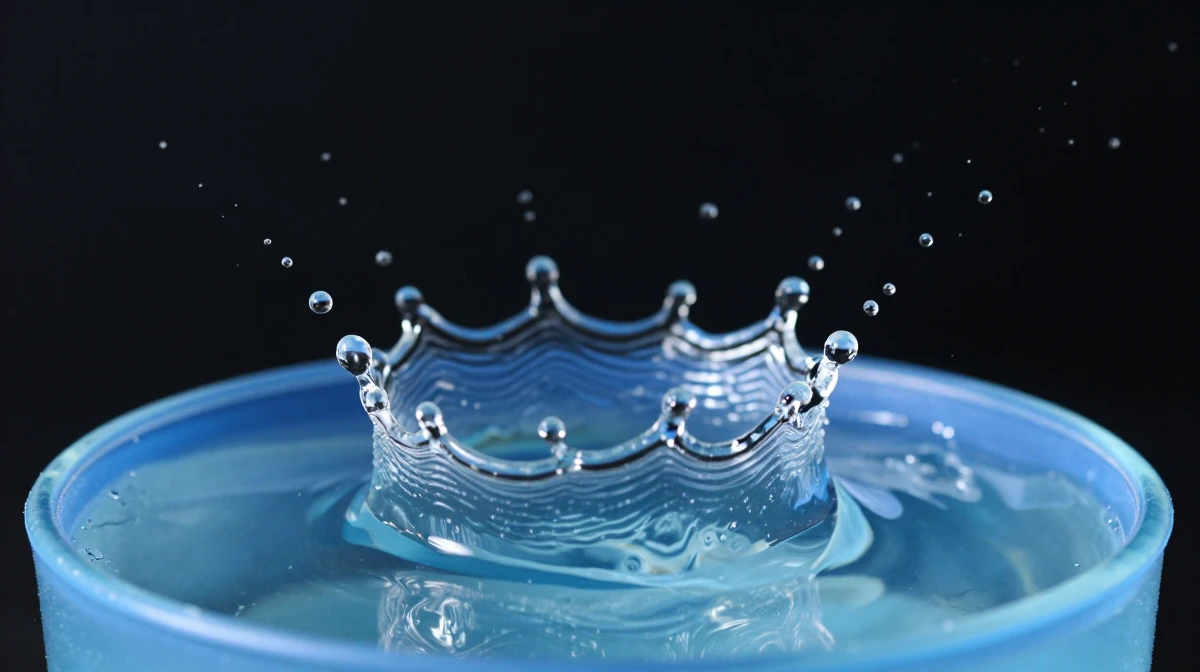 Slow-motion water droplet captured mid-splash in a crystal bowl, backlit with warm golden light, with visible concentric ripples on a dark reflective surface