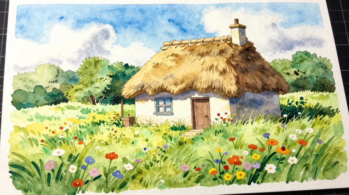 Traditional watercolor painting of whimsical countryside cottage with thatched roof