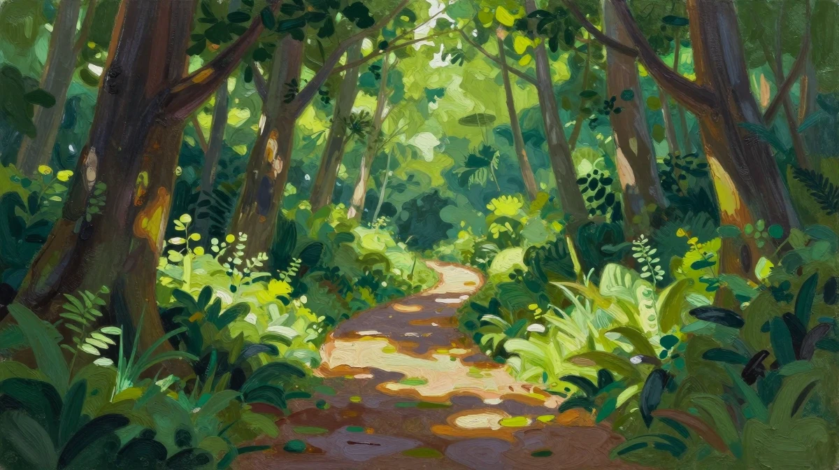 Gouache painting of enchanted forest path with dappled sunlight filtering