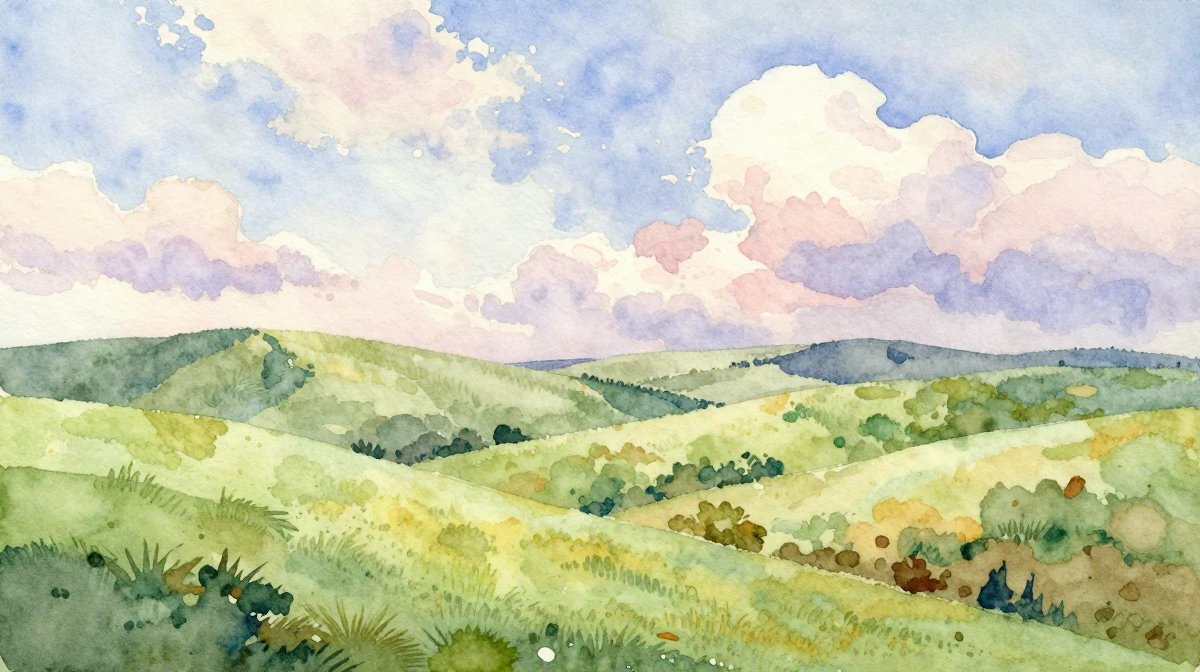 Watercolor landscape showing rolling green hills under a pastel sky
