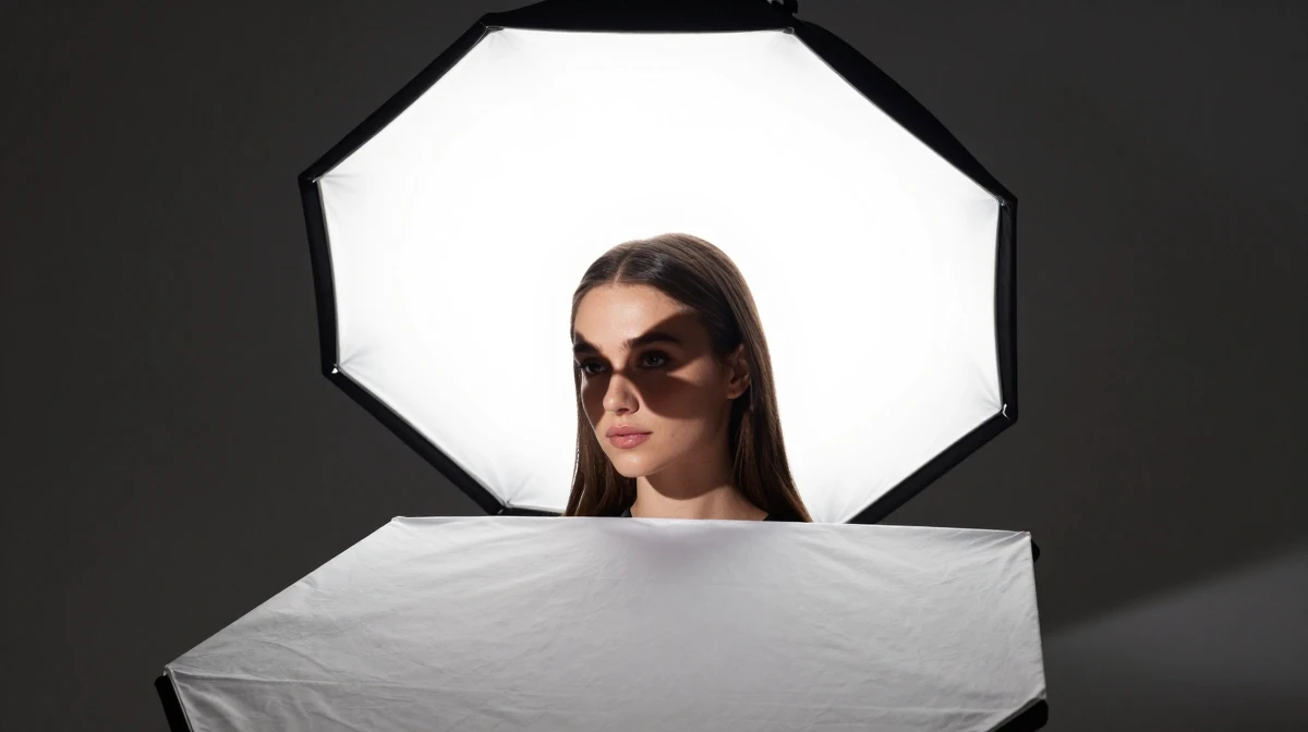 Beauty lighting setup featuring large butterfly-positioned octagonal softbox directly in