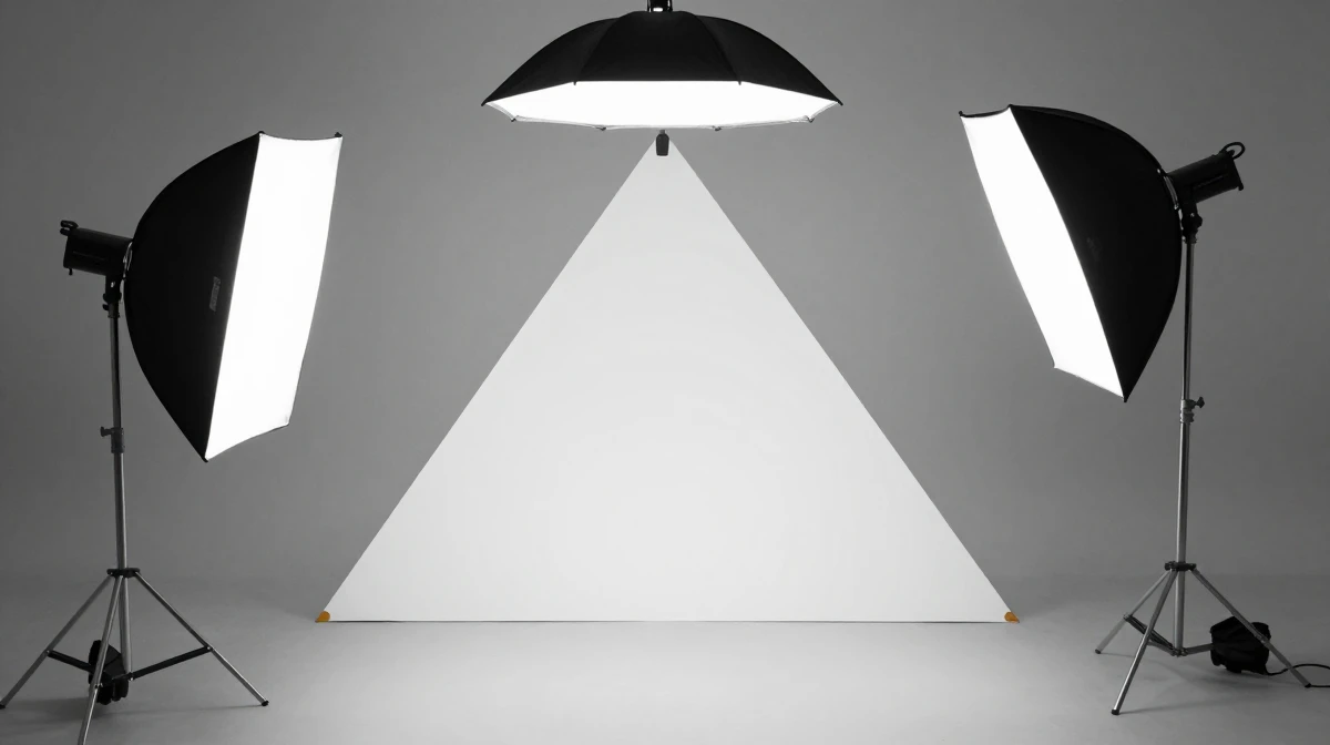 Educational three-point lighting diagram setup in actual studio showing key