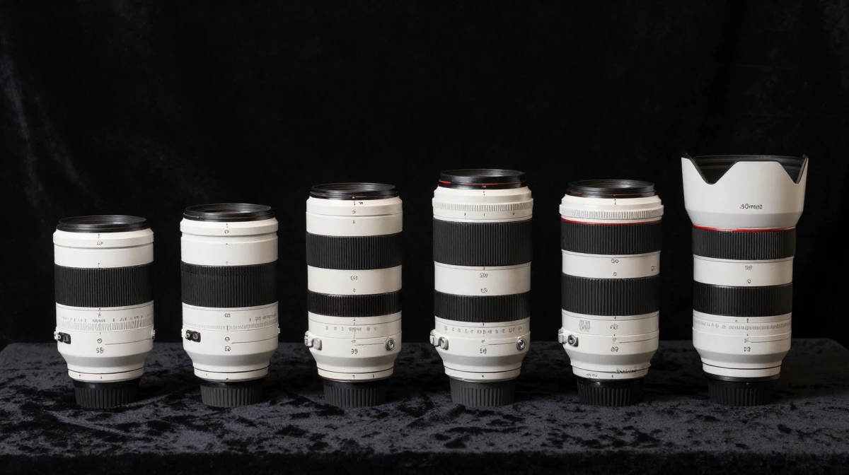 A precision-arranged row of six professional camera lenses varying in