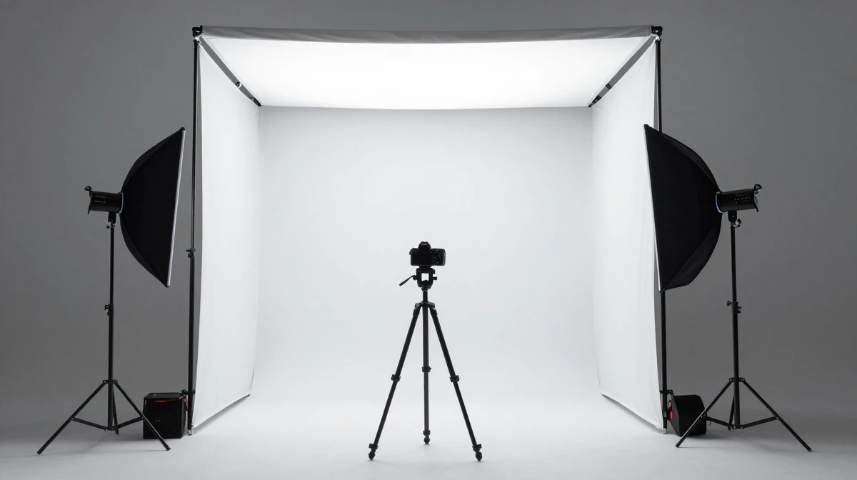 Professional product photography studio setup featuring a large white light