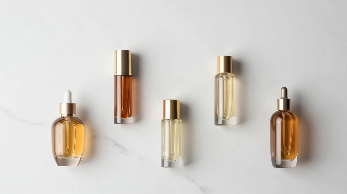 Luxury cosmetic product arrangement on polished white Carrara marble surface