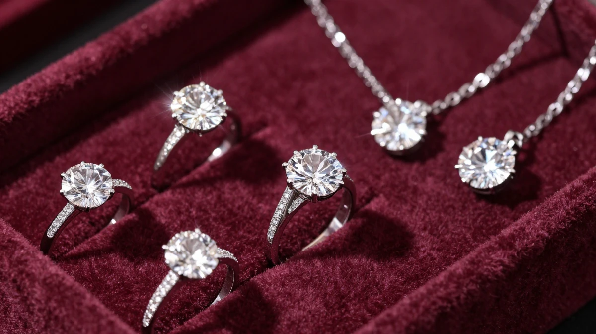 High-end jewelry display featuring diamond rings and necklaces arranged on