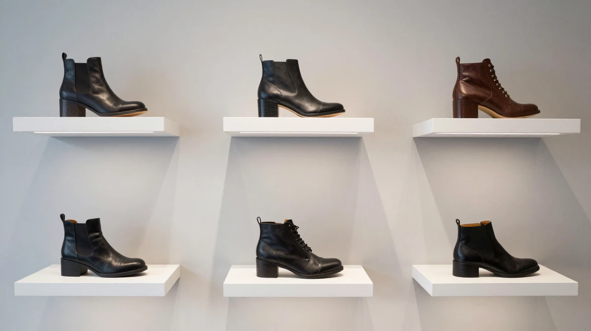 Designer shoe collection displayed on floating minimalist white shelves against