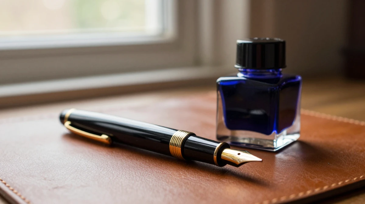 Classic fountain pen with black lacquered barrel and gold nib