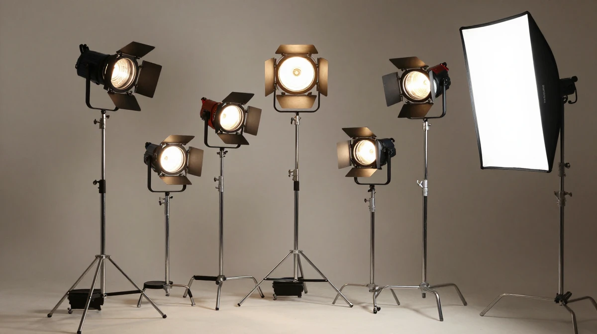 Professional cinema lighting equipment array featuring various Fresnel spotlights