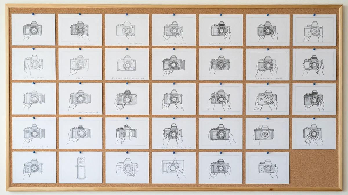 Physical film storyboard sheets pinned to a large cork board
