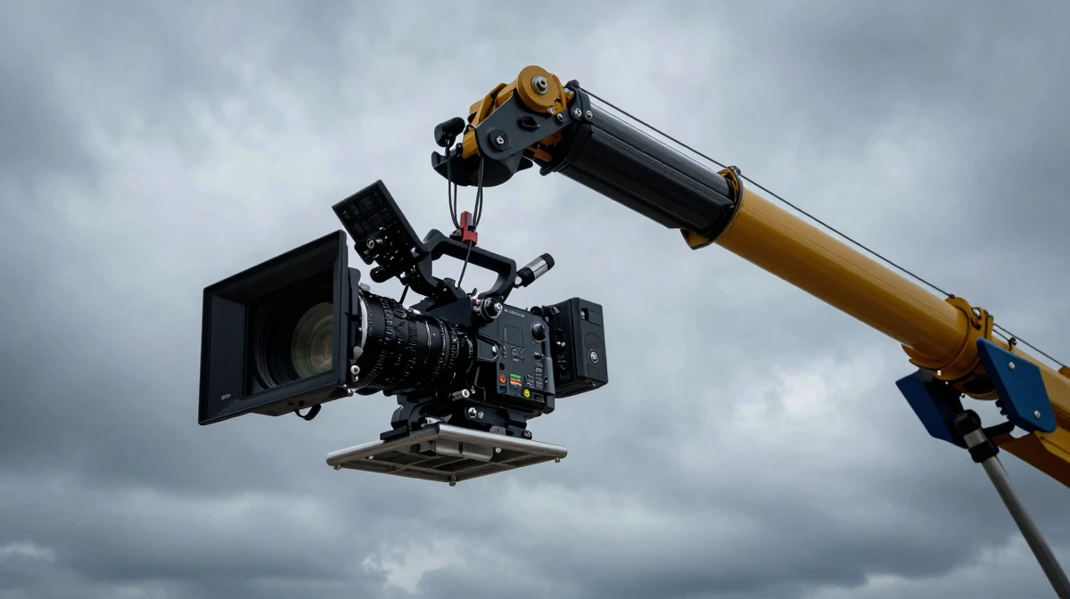 Professional cinema camera mounted on a heavy-duty crane jib arm