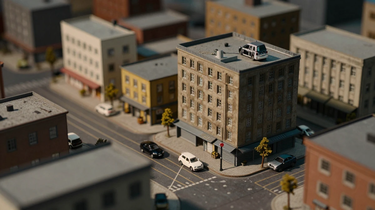 Detailed miniature movie set model featuring a small cityscape with
