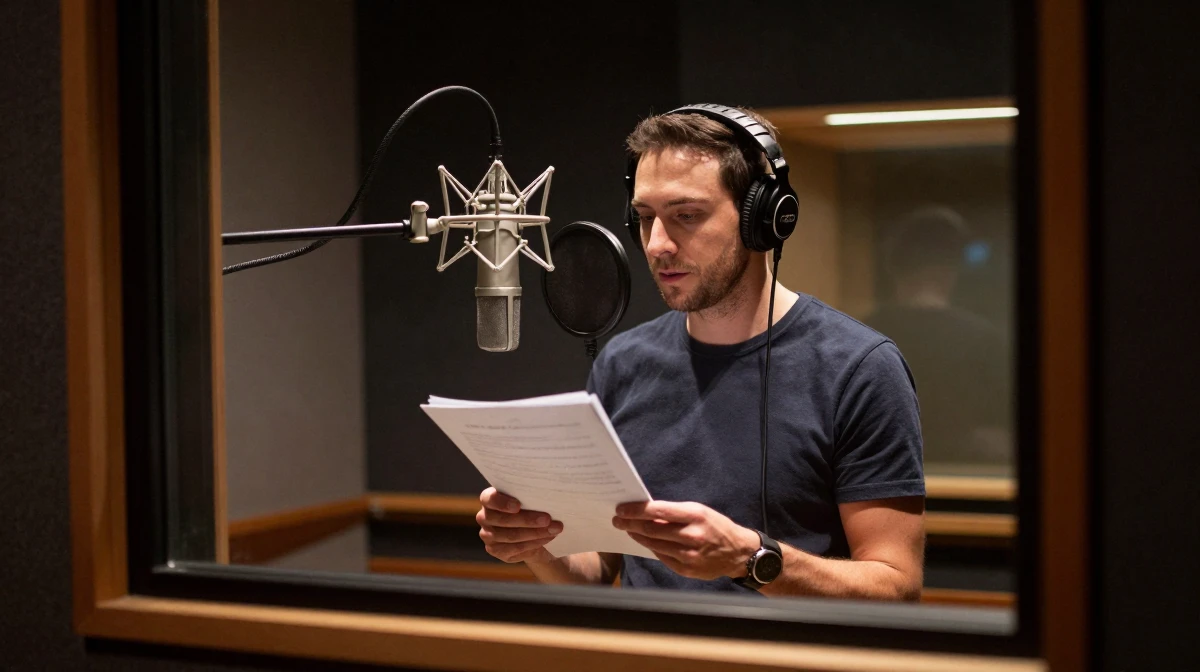 Professional voice actor performing in a recording booth