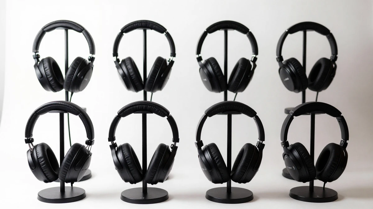 Diverse collection of professional headphones displayed on individual stands arranged