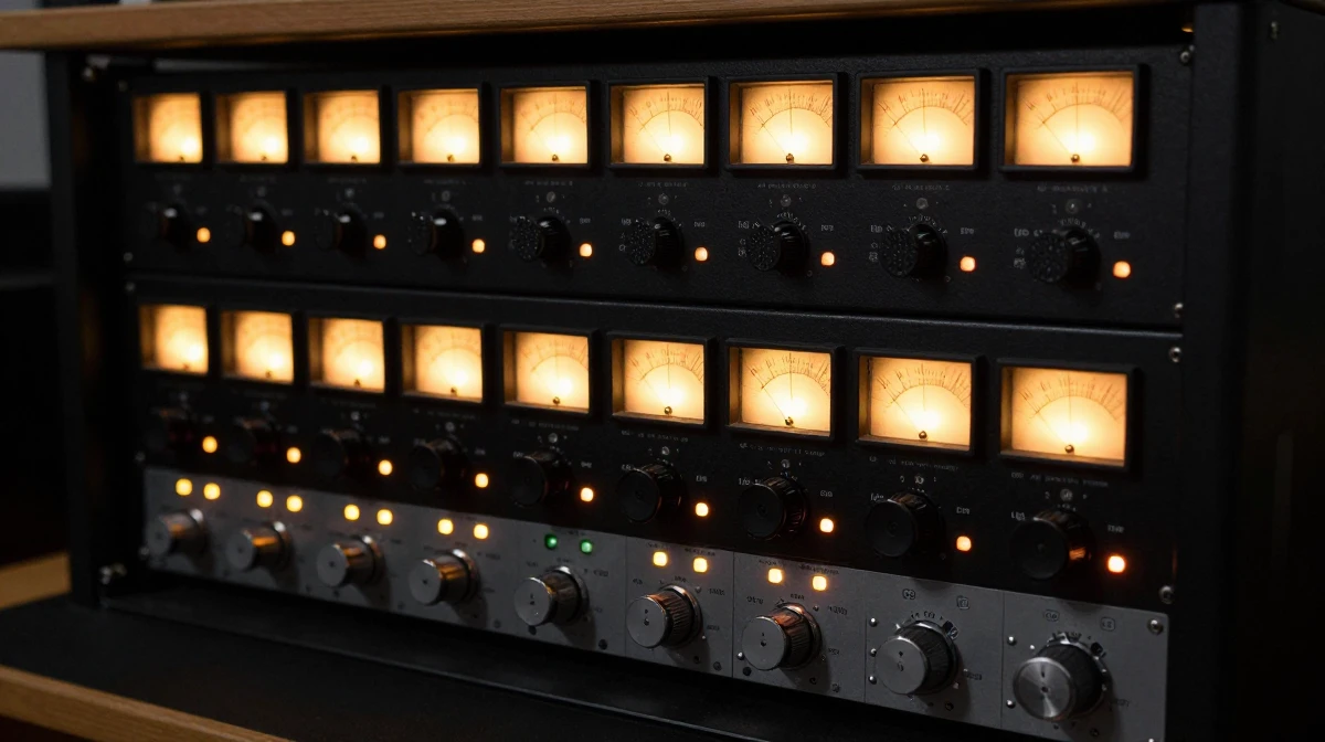 Professional audio interface equipment rack featuring microphone preamps