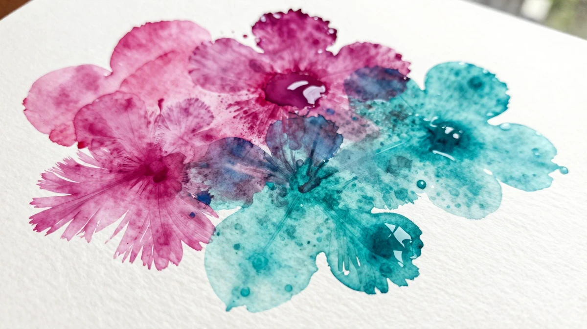 Close-up of watercolor paints spreading and bleeding into each other