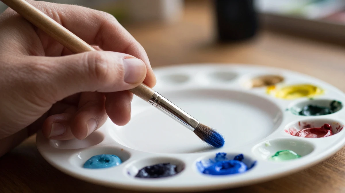 Artists hand holding a round sable watercolor brush loaded with