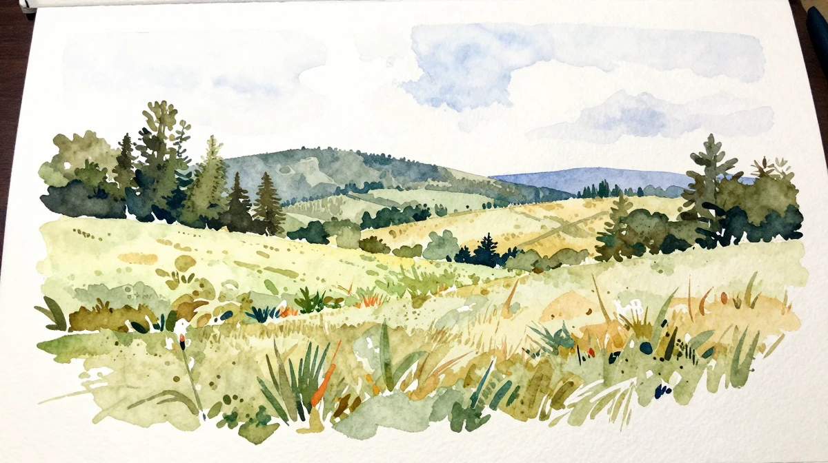 Half-finished watercolor landscape painting showing a serene countryside scene with