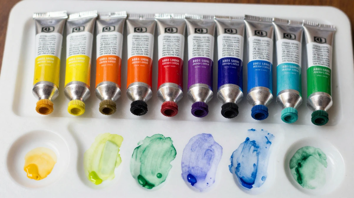 Collection of professional watercolor paint tubes arranged in rainbow color