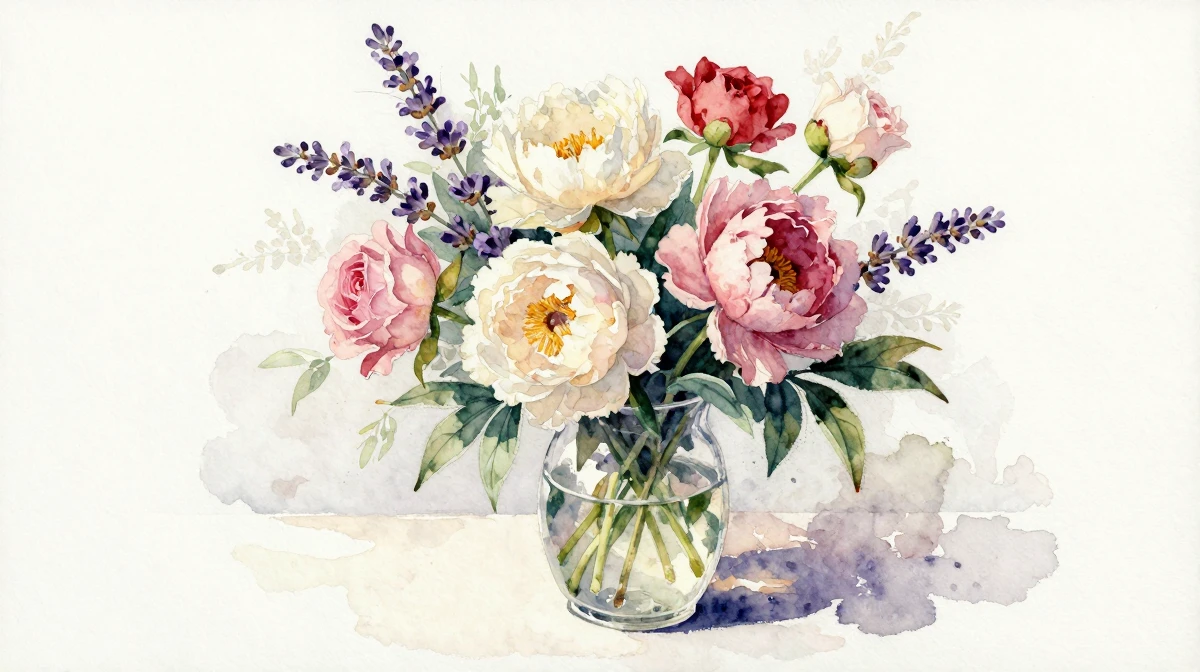 Traditional botanical watercolor still life featuring garden flowers in a