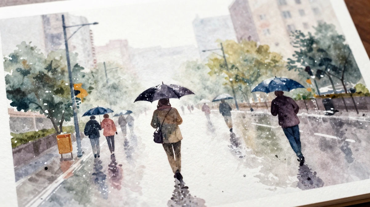 Atmospheric watercolor painting of rainy cityscape with figures holding umbrellas
