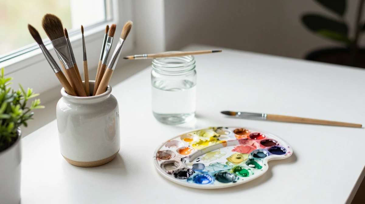 Organized artist workspace featuring multiple watercolor brushes in a ceramic
