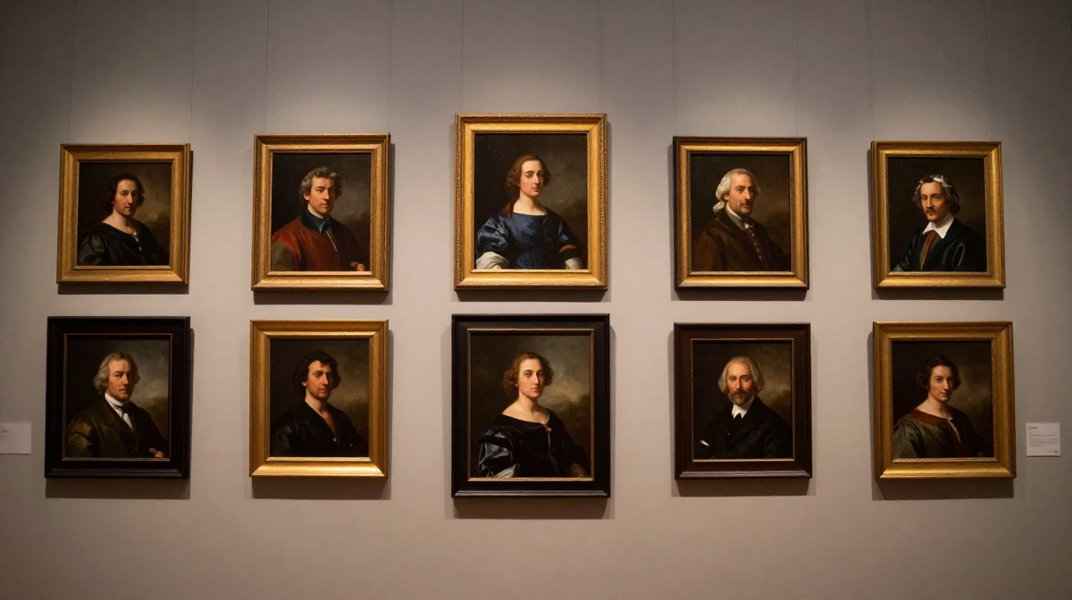 Traditional portrait gallery wall featuring diverse framed portraits of various