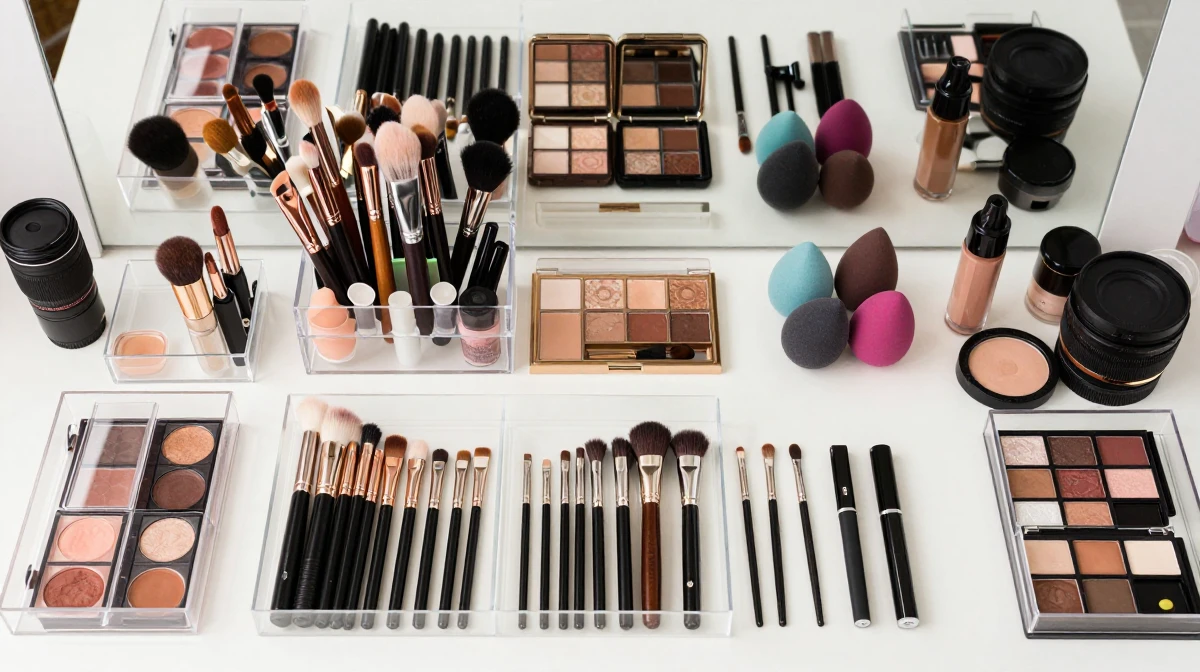 Professional makeup artists workspace featuring organized acrylic trays containing various