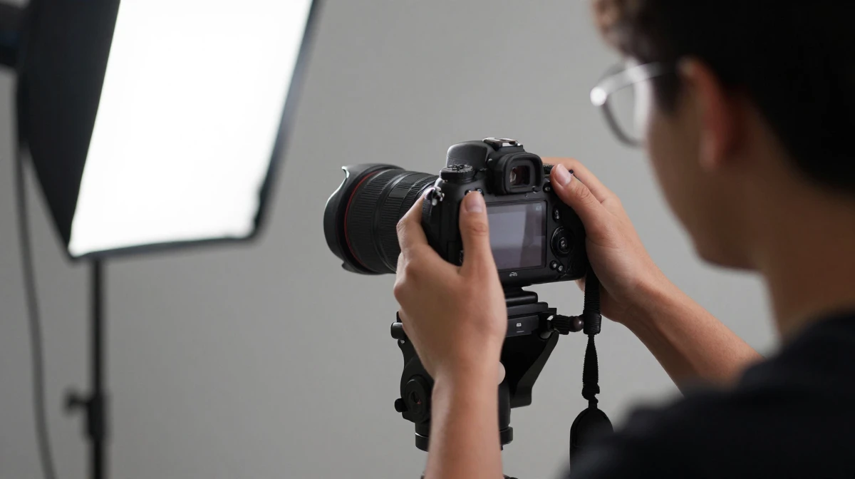 Professional portrait photographer adjusting settings on a full-frame DSLR camera