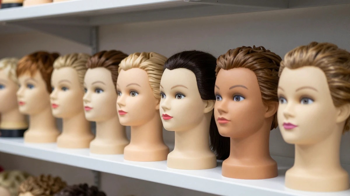 Row of professional mannequin heads displaying diverse facial features