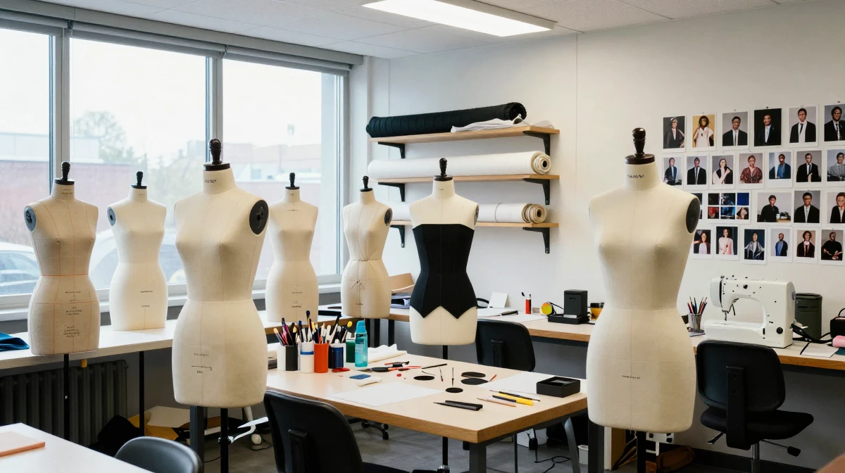 Professional costume design workshop featuring dress form mannequins wearing partial