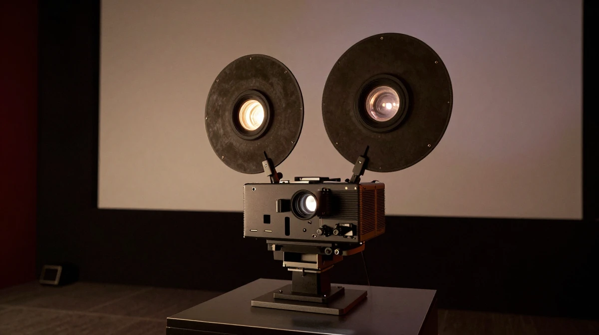 Professional cinema projection room interior showing the projection booth with