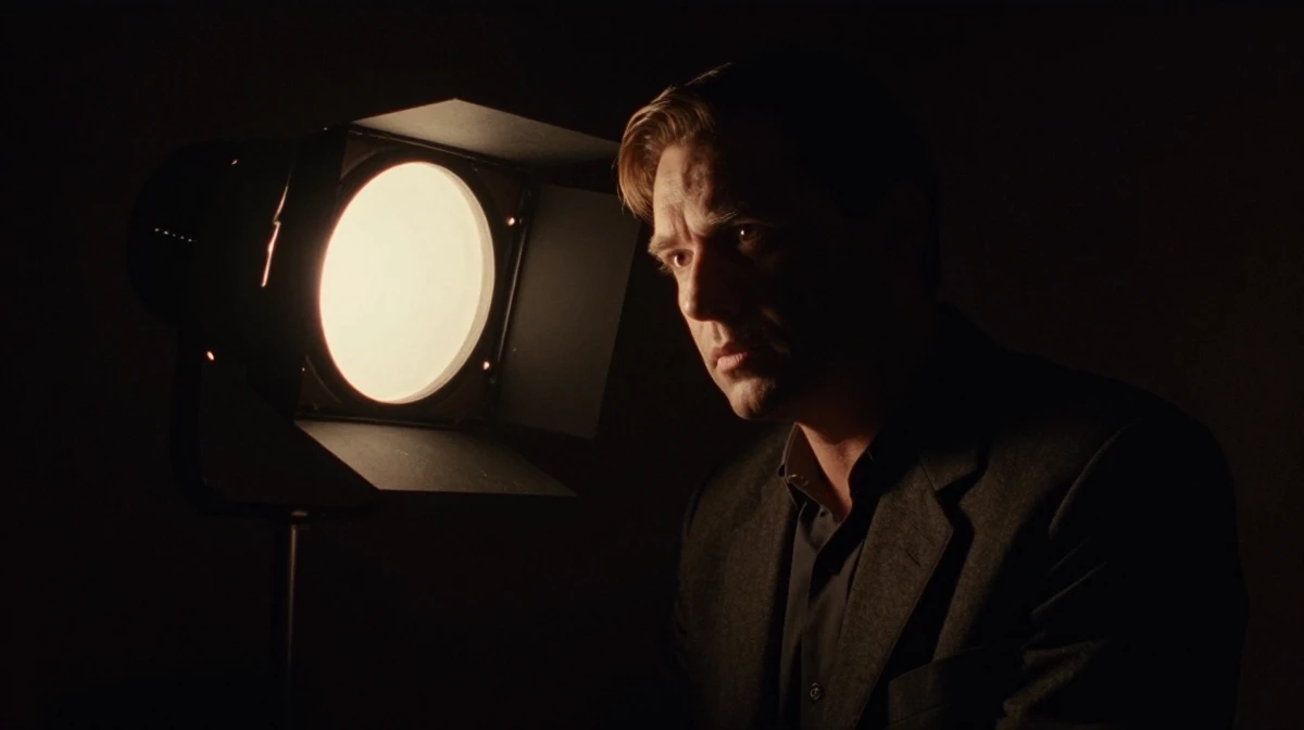 Classic film noir lighting setup creating dramatic high-contrast scene with