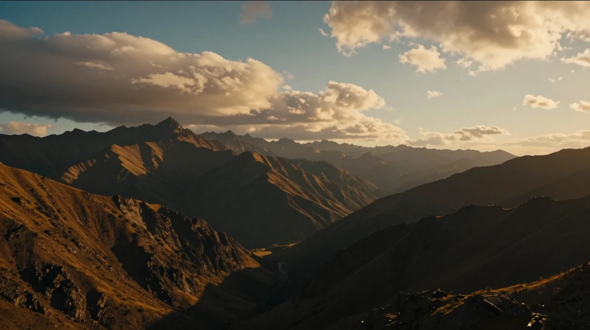 Epic cinematic landscape showing vast mountain range at golden hour